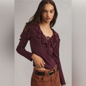 💜 Anthropologie Long-Sleeve Ruffle Top – Dark Purple Size XXSP Women's Top